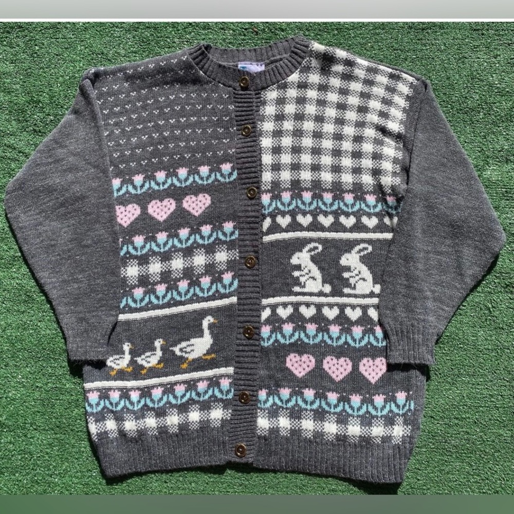 Vintage 80’s Needles Up Duck Rabbits Hearts Cardigan Sweater Women’s XL USA Made